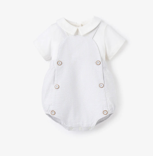 BLUE SEERSUCKER OVERALL BUBBLE + COLLARED SHIRT