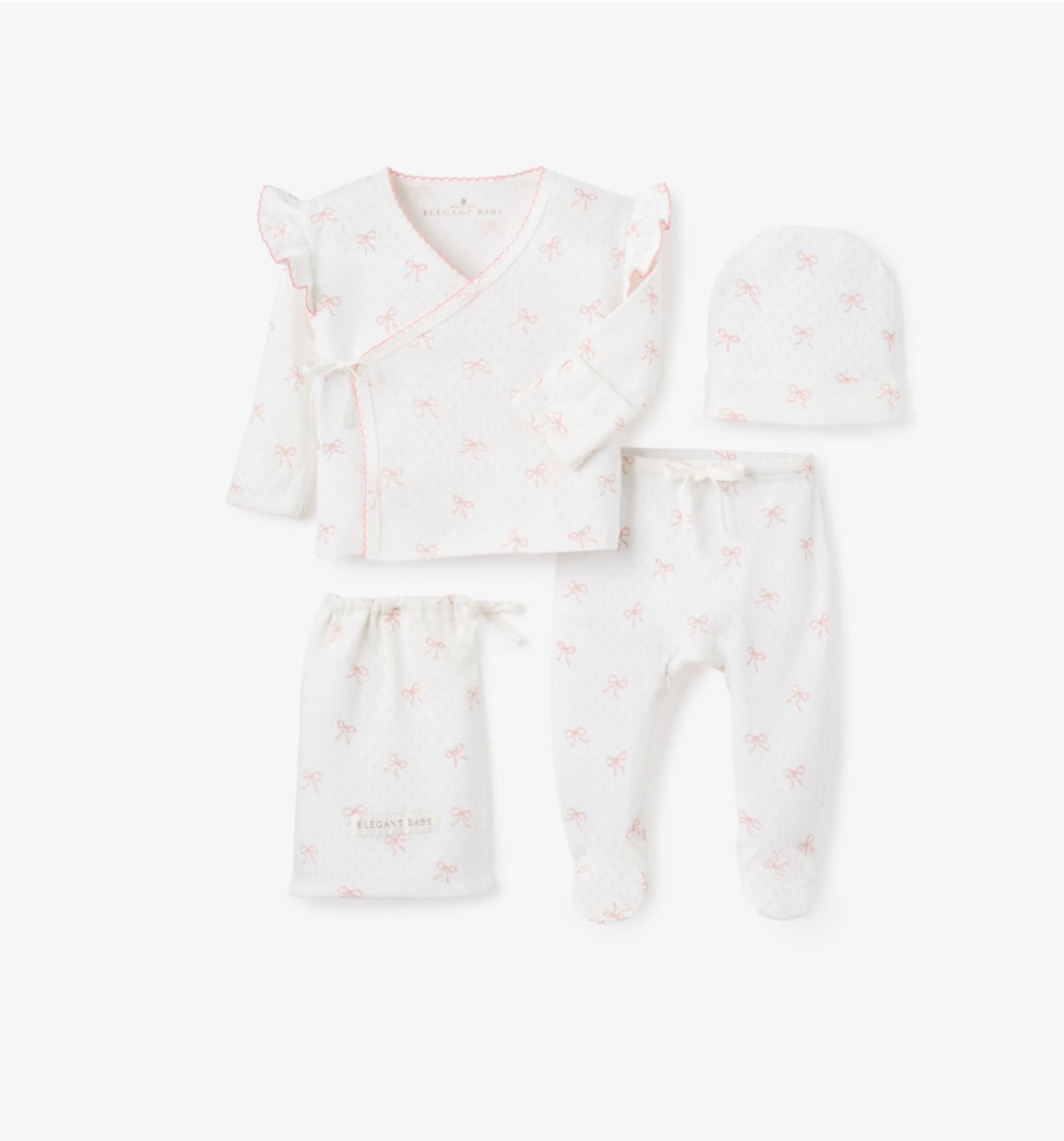 ELEGANT BABY PINK BOW PRINT ORGANIC COTTON POINTELLE LAYETTE 3 PC GIFT SET