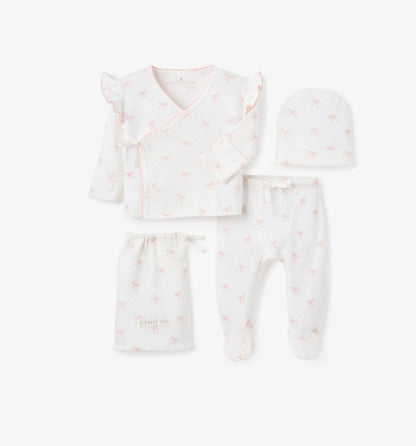 ELEGANT BABY PINK BOW PRINT ORGANIC COTTON POINTELLE LAYETTE 3 PC GIFT SET
