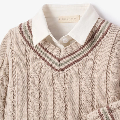 TAUPE VARSITY SWEATER + PLAID PANTS SET