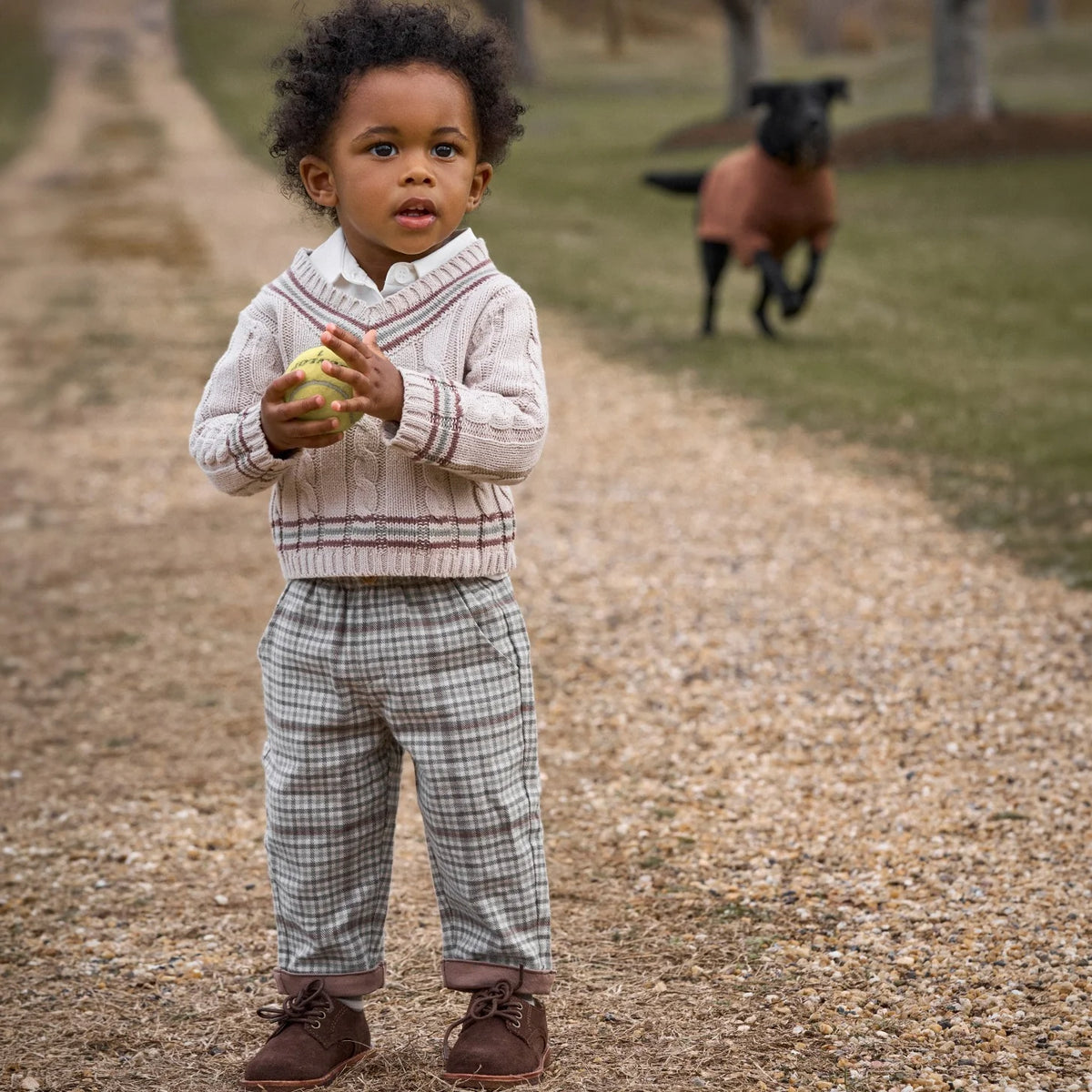 TAUPE VARSITY SWEATER + PLAID PANTS SET