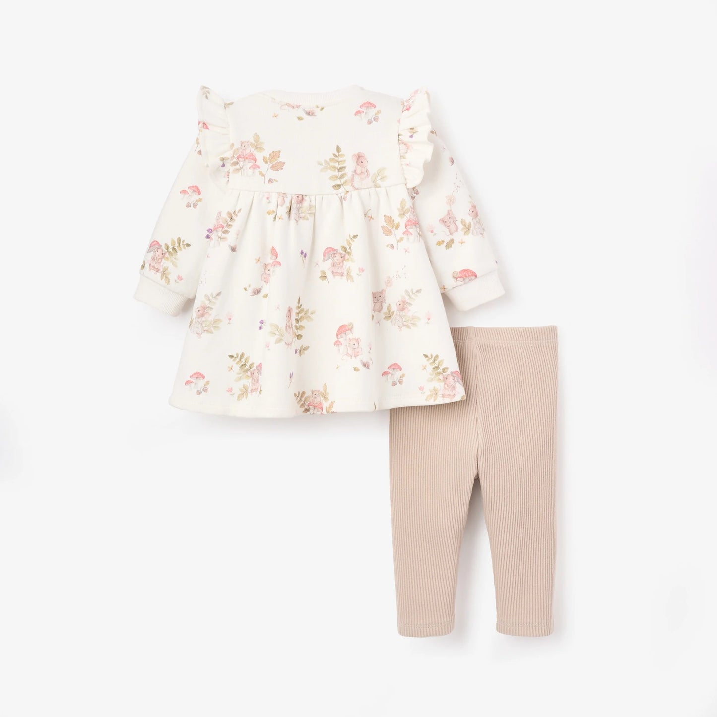 Magical Mouse Organic Cotton Fleece Ruffle Sleeve Dress + Taupe Ribbed Leggings
