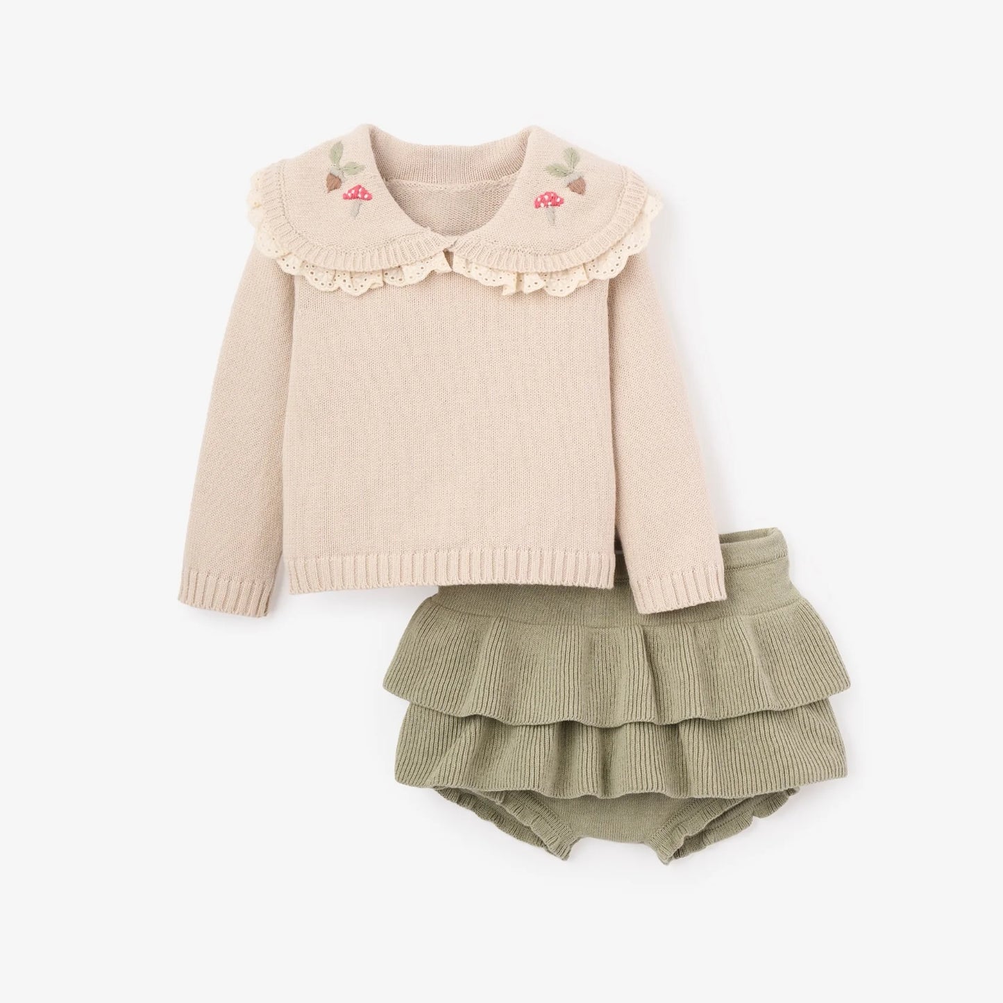 MUSHROOM EMBROIDERED COLLAR SWEATER + SKIRT SET