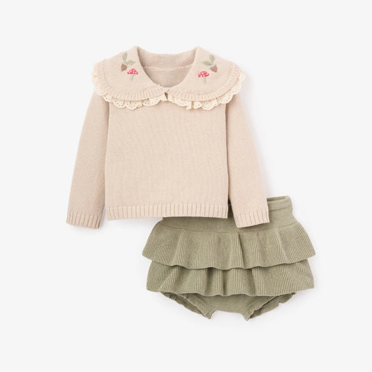 MUSHROOM EMBROIDERED COLLAR SWEATER + SKIRT SET