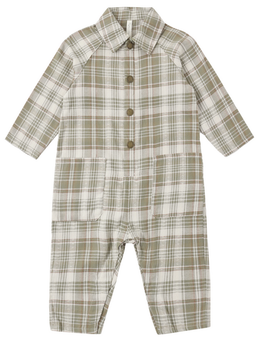 Rylee+Cru Collared Jumpsuit Olive Dobby Plaid