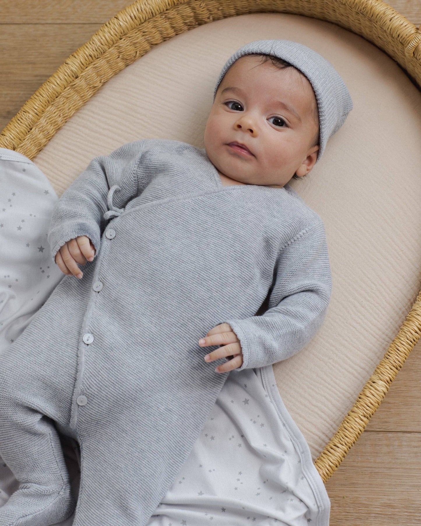 Quincy Mae Wrap Knit Footie || Heathered Dusty Blue