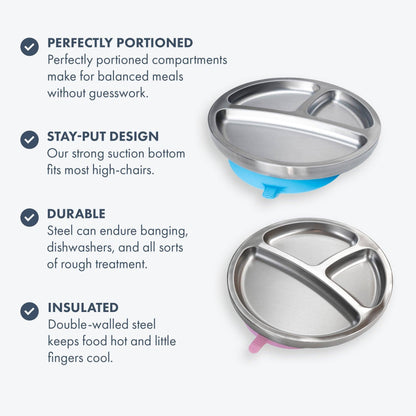 Baby Round Divided Plate | Stainless Steel & Silicone: Pink