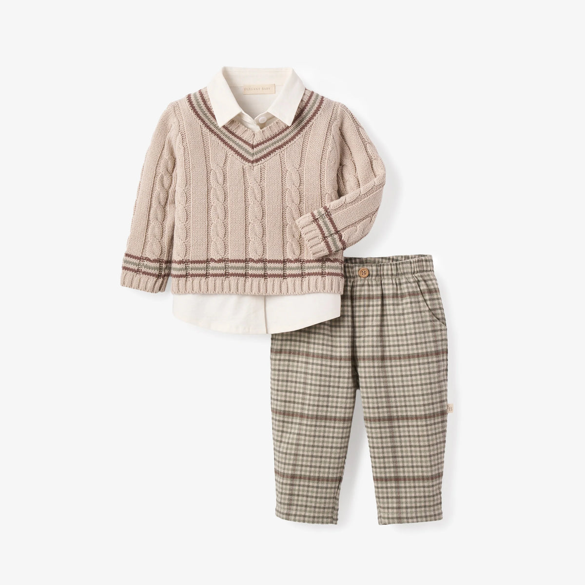Elegant Baby TAUPE VARSITY SWEATER + PLAID PANTS SET