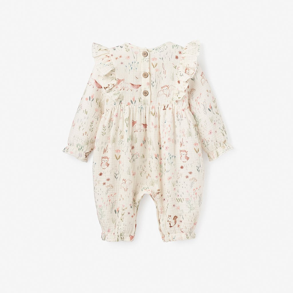 OWL PRINT FLUTTER ORGANIC MUSLIN BABY JUMPSUIT