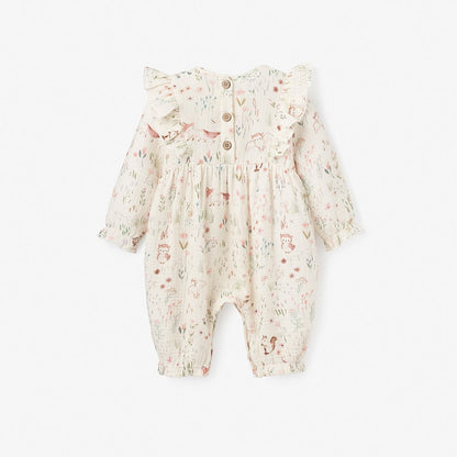 OWL PRINT FLUTTER ORGANIC MUSLIN BABY JUMPSUIT